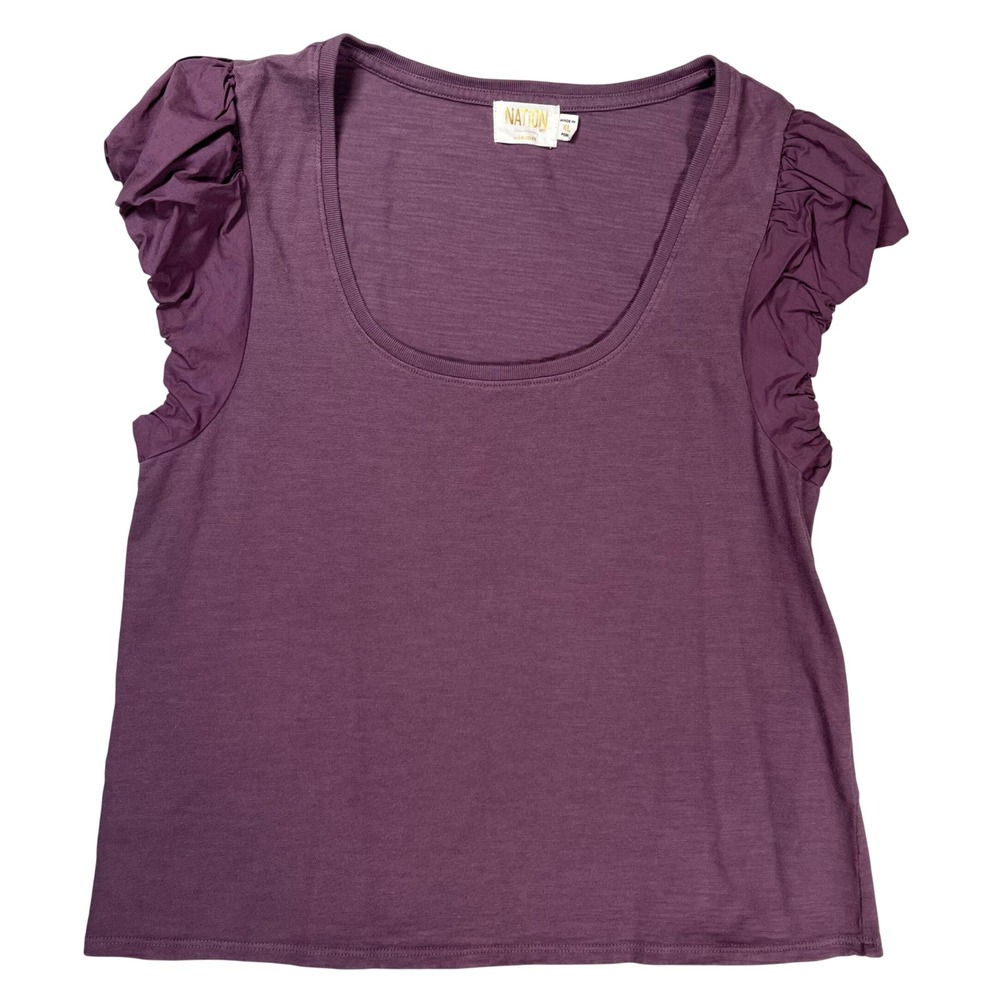 Nation LTD Puff Sleeve Top Women XL‎ Purple Ruched Scoop Neck Cotton Tee Casual